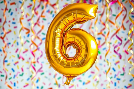 AI Generative Helium birthday balloon in the shape of the number six, golden letter figure 6 on festive celebration backgroundの素材