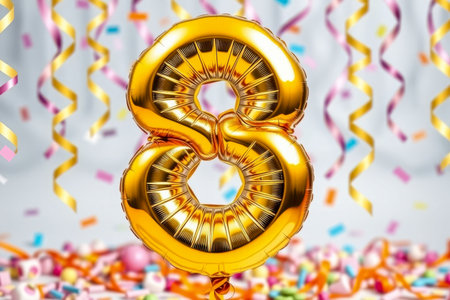 AI Generative Helium birthday balloon in the shape of the number eight, golden letter figure 8 on festive celebration backgroundの素材