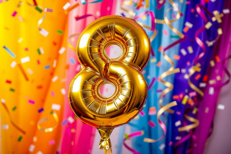 AI Generative Helium birthday balloon in the shape of the number eight, golden letter figure 8 on festive celebration backgroundの素材