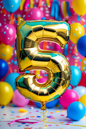AI Generative Helium birthday balloon in the shape of the number five, golden letter figure 5 on festive celebration backgroundの素材
