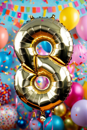 AI Generative Helium birthday balloon in the shape of the number eight, golden letter figure 8 on festive celebration backgroundの素材