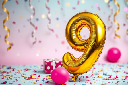 AI Generative Helium birthday balloon in the shape of the number nine, golden letter figure 9 on festive celebration backgroundの素材