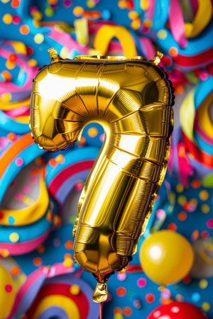 AI Generative Helium birthday balloon in the shape of the number seven, golden letter figure 7 on festive celebration backgroundの素材