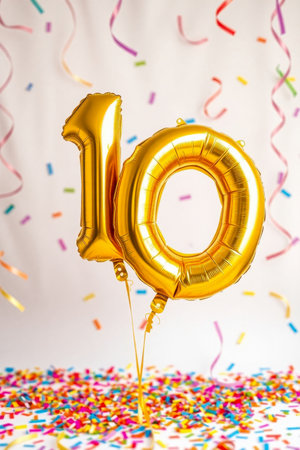 AI Generative Helium birthday balloon in the shape of the number ten, golden letter figure 10 on festive celebration backgroundの素材