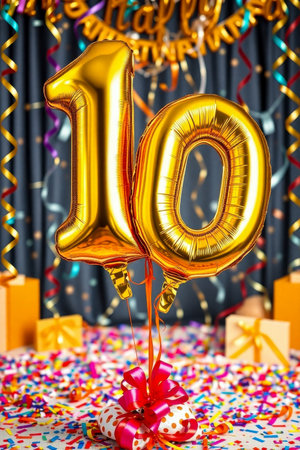 AI Generative Helium birthday balloon in the shape of the number ten, golden letter figure 10 on festive celebration backgroundの素材
