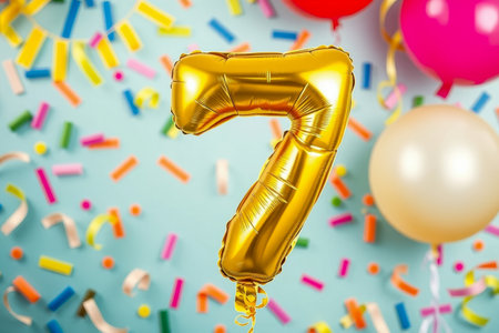 AI Generative Helium birthday balloon in the shape of the number seven, golden letter figure 7 on festive celebration backgroundの素材
