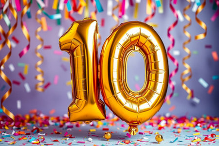 AI Generative Helium birthday balloon in the shape of the number ten, golden letter figure 10 on festive celebration backgroundの素材