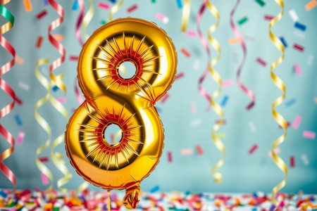 AI Generative Helium birthday balloon in the shape of the number eight, golden letter figure 8 on festive celebration backgroundの素材