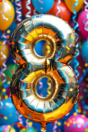 AI Generative Helium birthday balloon in the shape of the number eight, golden letter figure 8 on festive celebration backgroundの素材