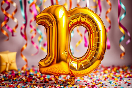 AI Generative Helium birthday balloon in the shape of the number ten, golden letter figure 10 on festive celebration backgroundの素材