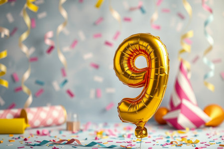 AI Generative Helium birthday balloon in the shape of the number nine, golden letter figure 9 on festive celebration backgroundの素材