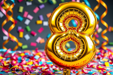 AI Generative Helium birthday balloon in the shape of the number eight, golden letter figure 8 on festive celebration backgroundの素材