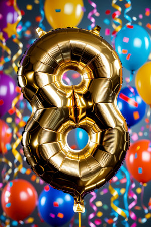 AI Generative Helium birthday balloon in the shape of the number eight, golden letter figure 8 on festive celebration backgroundの素材