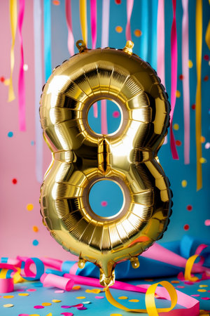 AI Generative Helium birthday balloon in the shape of the number eight, golden letter figure 8 on festive celebration backgroundの素材