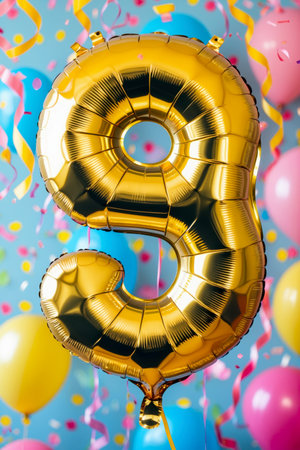 AI Generative Helium birthday balloon in the shape of the number nine, golden letter figure 9 on festive celebration backgroundの素材