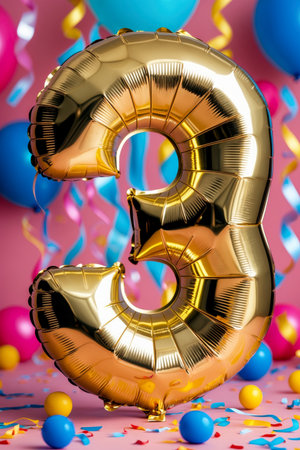 AI Generative Helium birthday balloon in the shape of the number three, golden letter figure 3 on festive celebration backgroundの素材