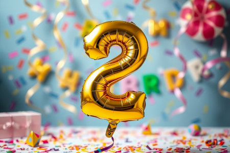 AI Generative Helium birthday balloon in the shape of the number two, golden letter figure 2 on festive celebration backgroundの素材