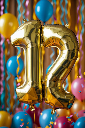 AI Generative Helium birthday balloon in the shape of the number twelve, golden letter figure 12 on festive celebration backgroundの素材
