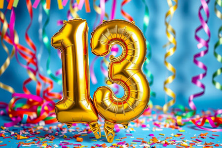 AI Generative Helium birthday balloon in the shape of the number thirteen, golden letter figure 13 on festive celebration backgroundの素材