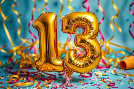AI Generative Helium birthday balloon in the shape of the number thirteen, golden letter figure 13 on festive celebration backgroundの素材
