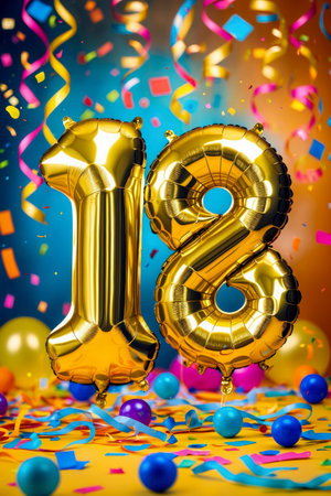 AI Generative Helium birthday balloon in the shape of the number eighteen, golden letter figure 18 on festive celebration backgroundの素材