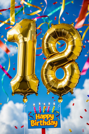 AI Generative Helium birthday balloon in the shape of the number eighteen, golden letter figure 18 on festive celebration backgroundの素材