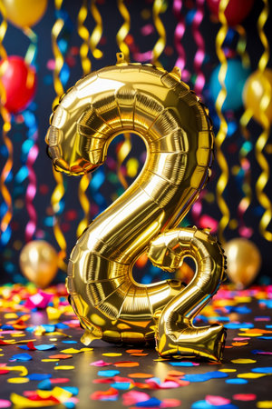 AI Generative Helium birthday balloon shape number twenty two, golden letter figure 22 celebration festive backgroundの素材