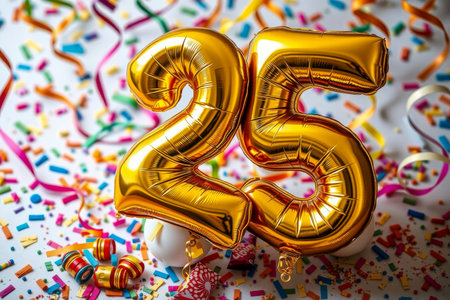 AI Generative Helium birthday balloon shape number twenty five, golden letter figure 25 celebration festive backgroundの素材