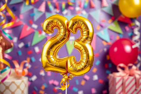 AI Generative Helium birthday balloon shape number twenty three, golden letter figure 23 celebration festive backgroundの素材