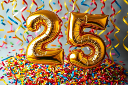 AI Generative Helium birthday balloon shape number twenty five, golden letter figure 25 celebration festive backgroundの素材