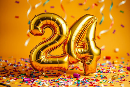 AI Generative Helium birthday balloon shape number twenty four, golden letter figure 24 celebration festive backgroundの素材