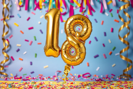 AI Generative Helium birthday balloon in the shape of the number eighteen, golden letter figure 18 on festive celebration backgroundの素材