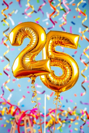 AI Generative Helium birthday balloon shape number twenty five, golden letter figure 25 celebration festive backgroundの素材