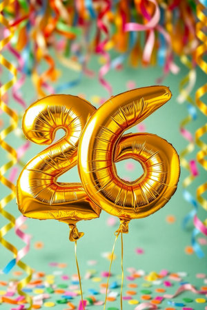 AI Generative Helium birthday balloon shape number twenty six, golden letter figure 26 celebration festive backgroundの素材
