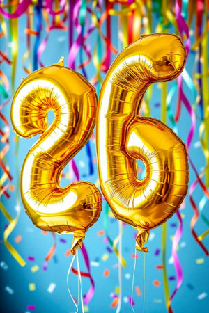 AI Generative Helium birthday balloon shape number twenty six, golden letter figure 26 celebration festive backgroundの素材