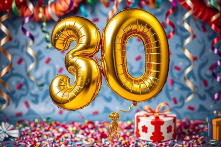 AI Generative Helium birthday balloon shape number thirty, golden letter figure 30 celebration festive background decorの素材