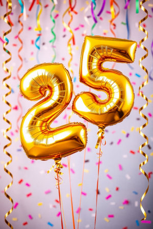 AI Generative Helium birthday balloon shape number twenty five, golden letter figure 25 celebration festive backgroundの素材