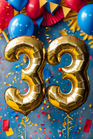 AI Generative Helium birthday balloon shape number thirty three, golden letter figure 33 celebration festive background decorの素材