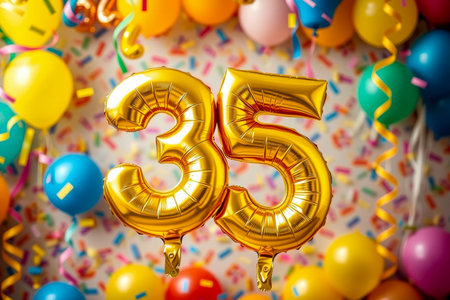 AI Generative Helium birthday balloon shape number thirty five, golden letter figure 35 celebration festive background decorの素材
