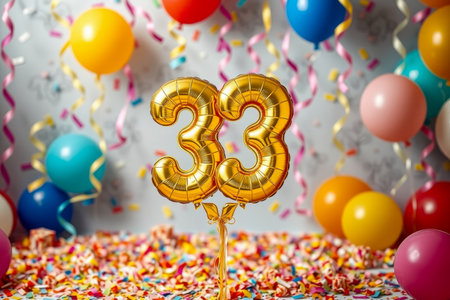 AI Generative Helium birthday balloon shape number thirty three, golden letter figure 33 celebration festive background decorの素材