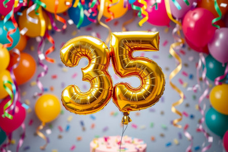 AI Generative Helium birthday balloon shape number thirty five, golden letter figure 35 celebration festive background decorの素材
