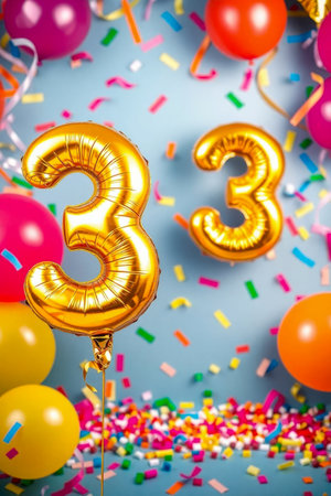 AI Generative Helium birthday balloon shape number thirty three, golden letter figure 33 celebration festive background decorの素材