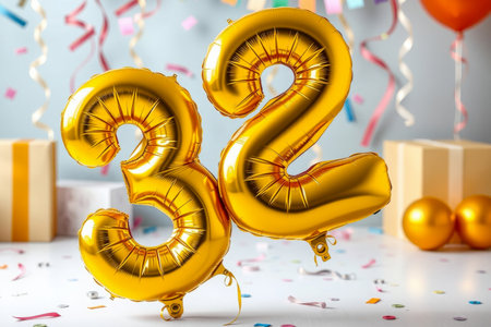 AI Generative Helium birthday balloon shape number thirty two, golden letter figure 32 celebration festive background decorの素材