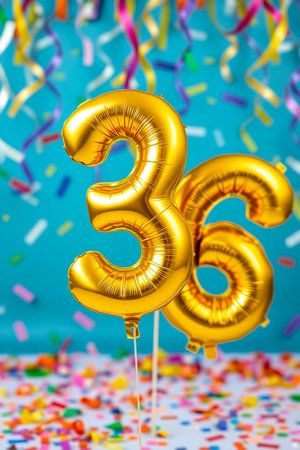 AI Generative Helium birthday balloon shape number thirty six, golden letter figure 36 celebration festive background decorの素材