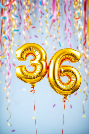 AI Generative Helium birthday balloon shape number thirty six, golden letter figure 36 celebration festive background decorの素材