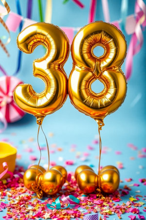 AI Generative Helium birthday balloon shape number thirty eight, golden letter figure 38 celebration festive background decorの素材