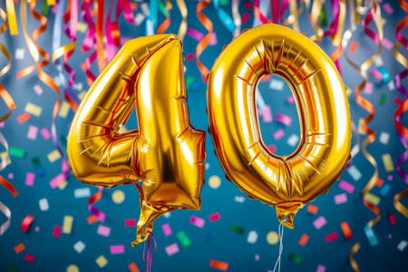AI Generative Helium birthday balloon shape number fourty, golden letter figure 40 celebration festive background decorの素材