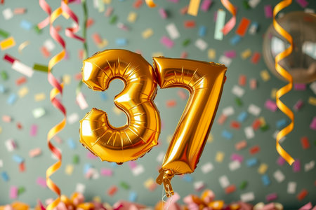 AI Generative Helium birthday balloon shape number thirty seven, golden letter figure 37 celebration festive background decorの素材
