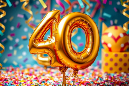 AI Generative Helium birthday balloon shape number fourty, golden letter figure 40 celebration festive background decorの素材