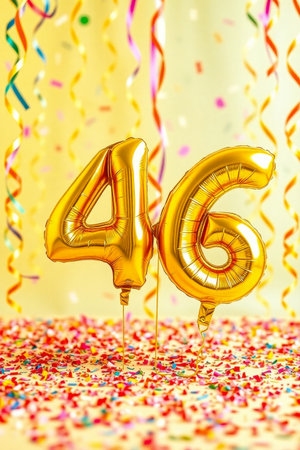 AI Generative Helium birthday balloon shape number fourty six, golden letter figure 46 celebration festive background decorの素材